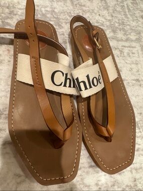 Chloé Brown Leather & Cream Logo Slingback Thong Sandals